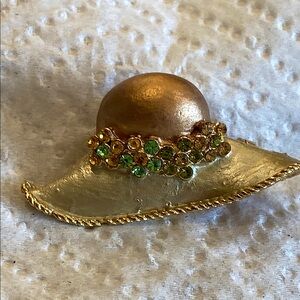 Gold Tone Garden Bonnet Brooch with Rhinestones.